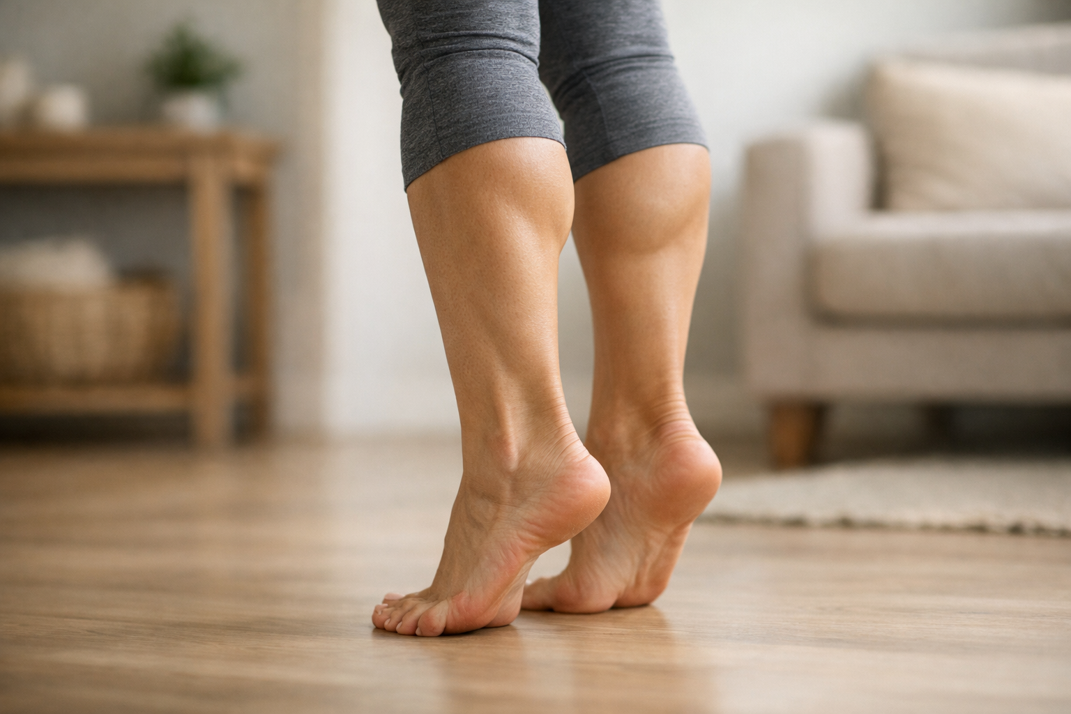 Person performing a single-leg heel raise exercise to build calf and foot strength for heel pain recovery