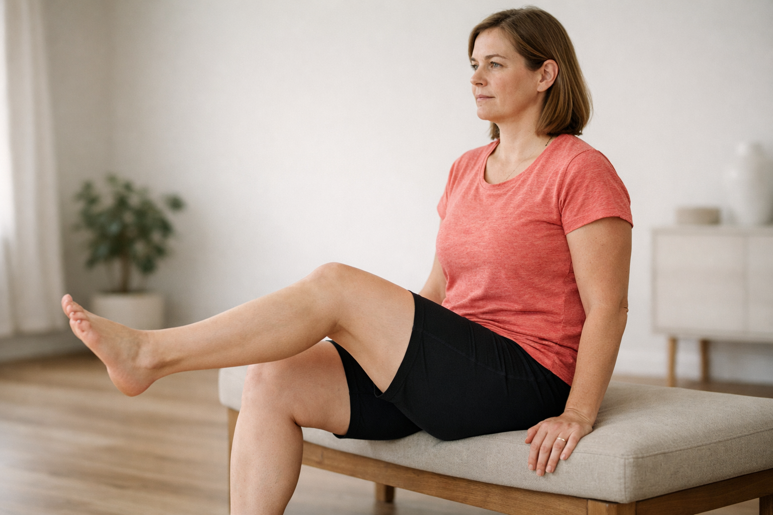 Person demonstrating a mid-range quadriceps isometric hold exercise