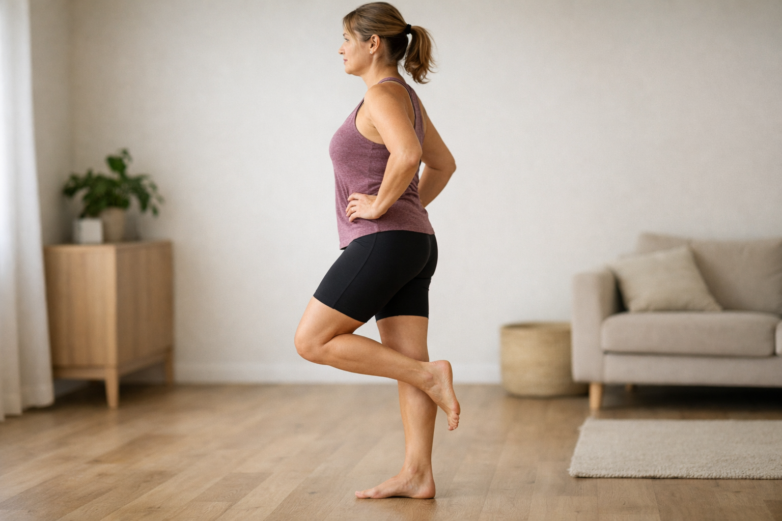 Person performing a single-leg calf raise exercise for peroneal tendon strengthening