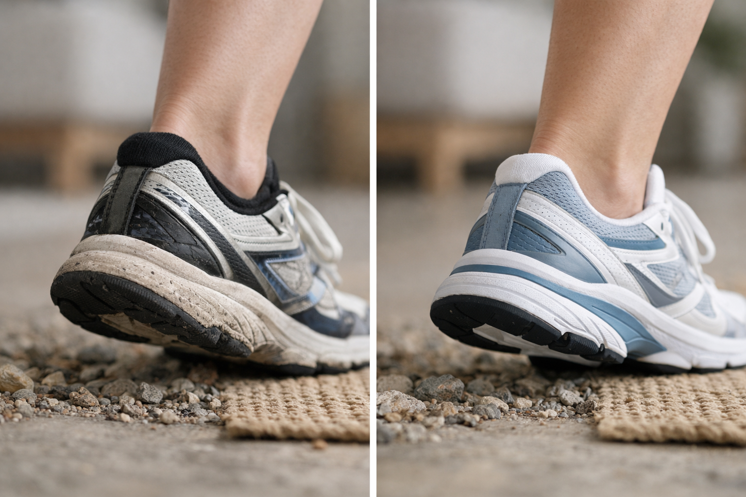 Running shoe sole showing wear pattern and heel height affecting ankle stability
