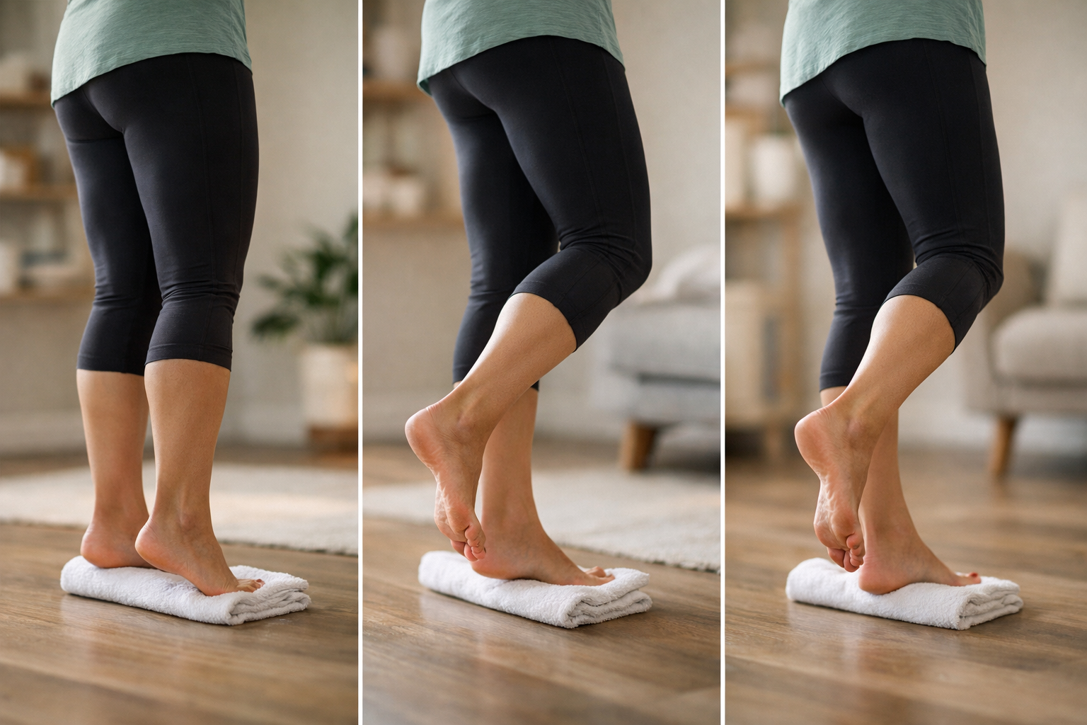 Sequence of heel raise and calf strengthening exercises with progressive difficulty levels