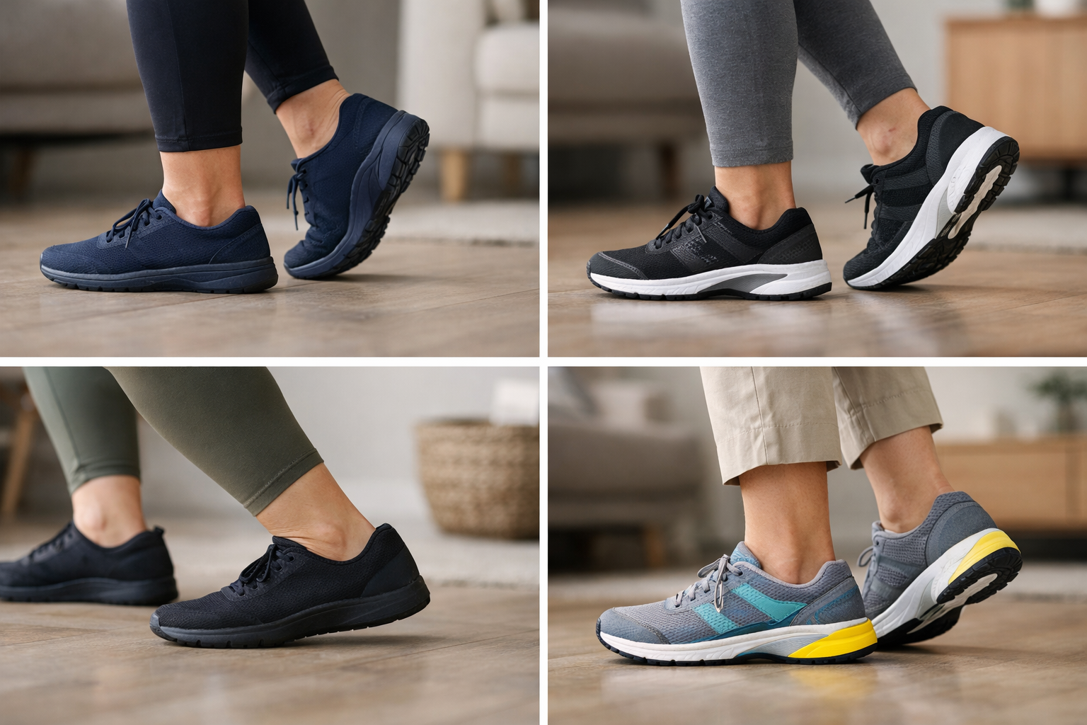 Different shoe styles showing heel drop and midfoot support features relevant to heel spur management