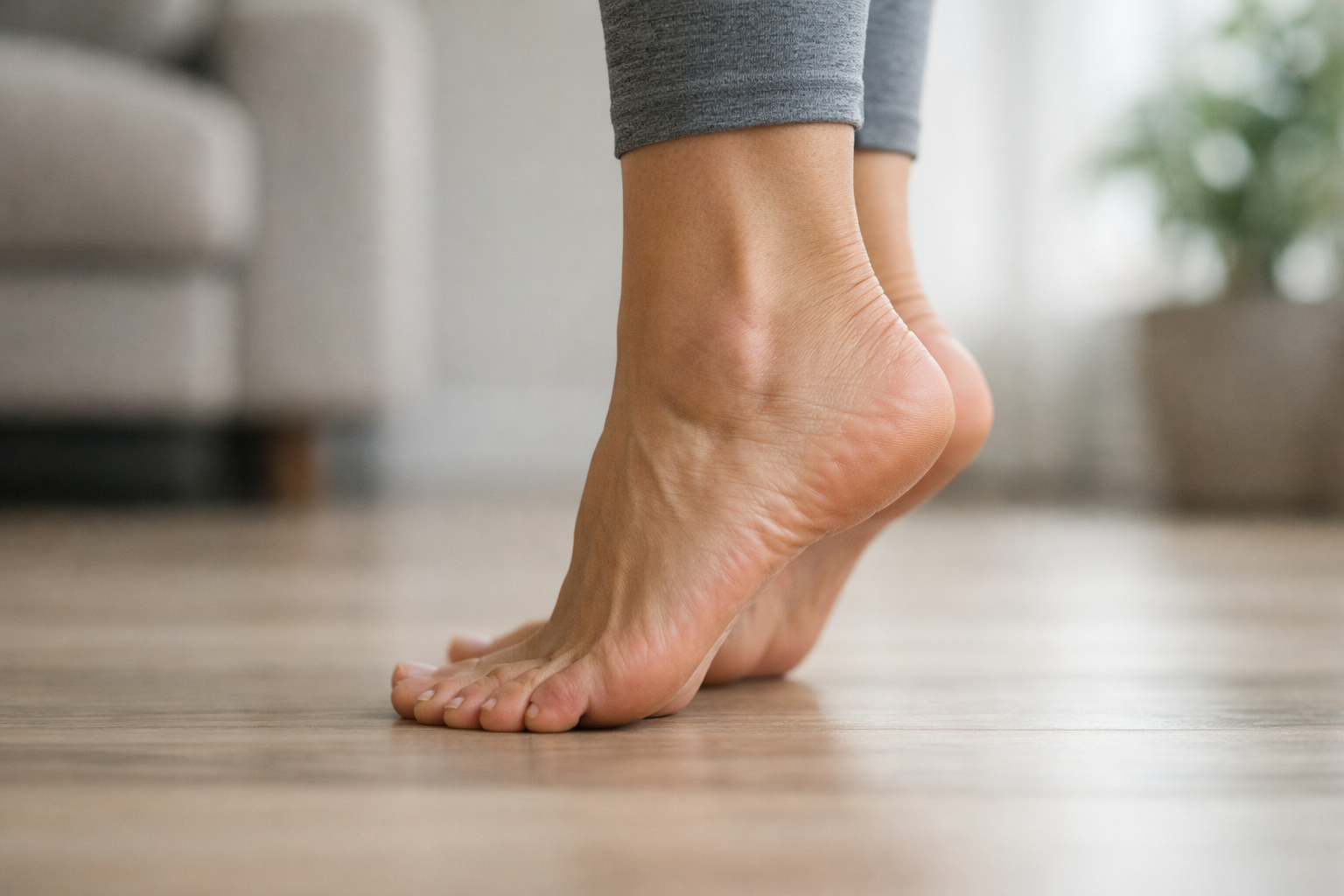Proper form for heel raise strengthening exercise performed slowly and with control
