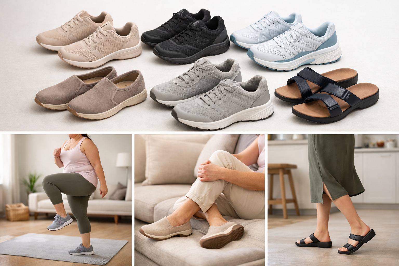 Selection of supportive footwear showing various heel heights, cushioning levels, and arch support options