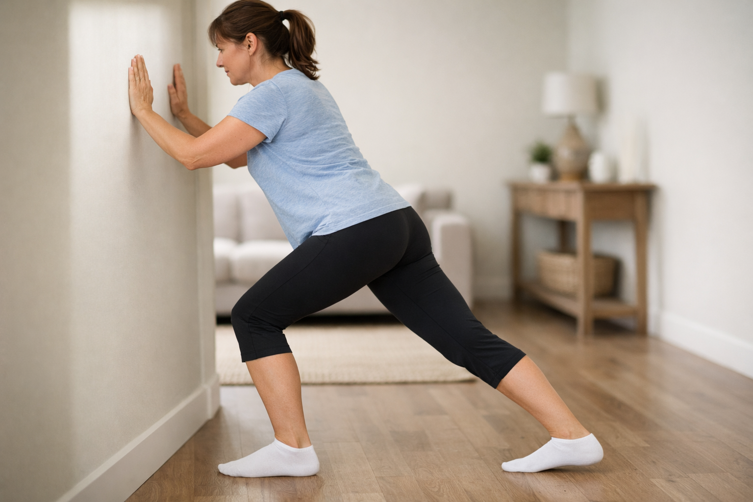 Person performing a standing calf stretch against a wall to reduce heel spur sensitivity
