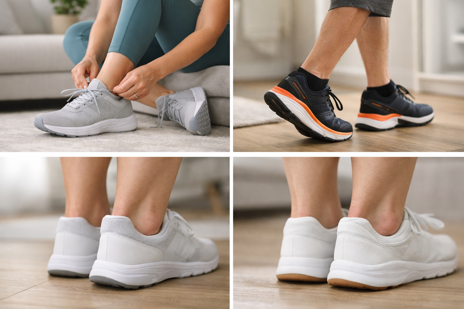 Selection of supportive shoes with padded heel counters and proper fit