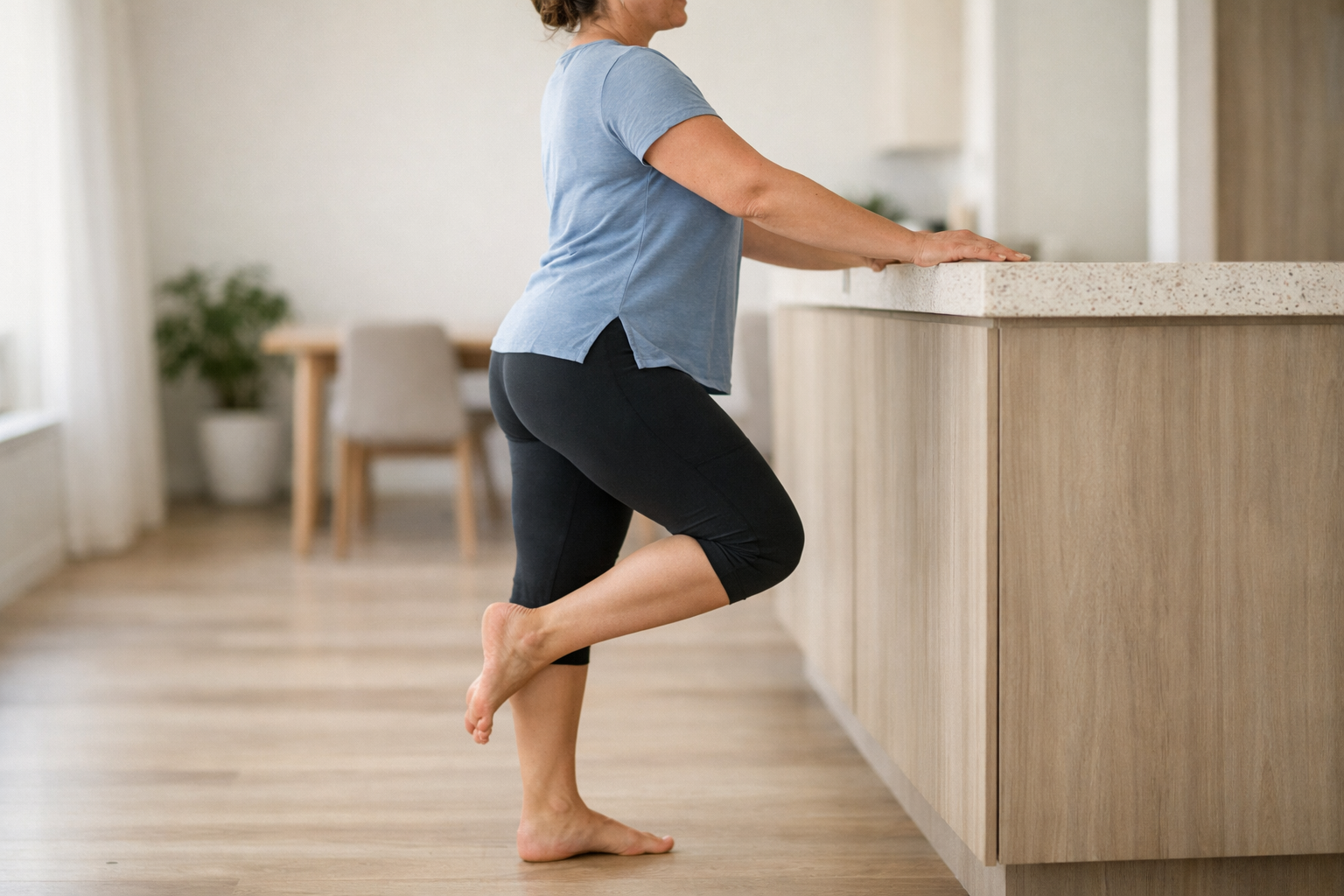 Single-leg heel raise test with hand support on counter