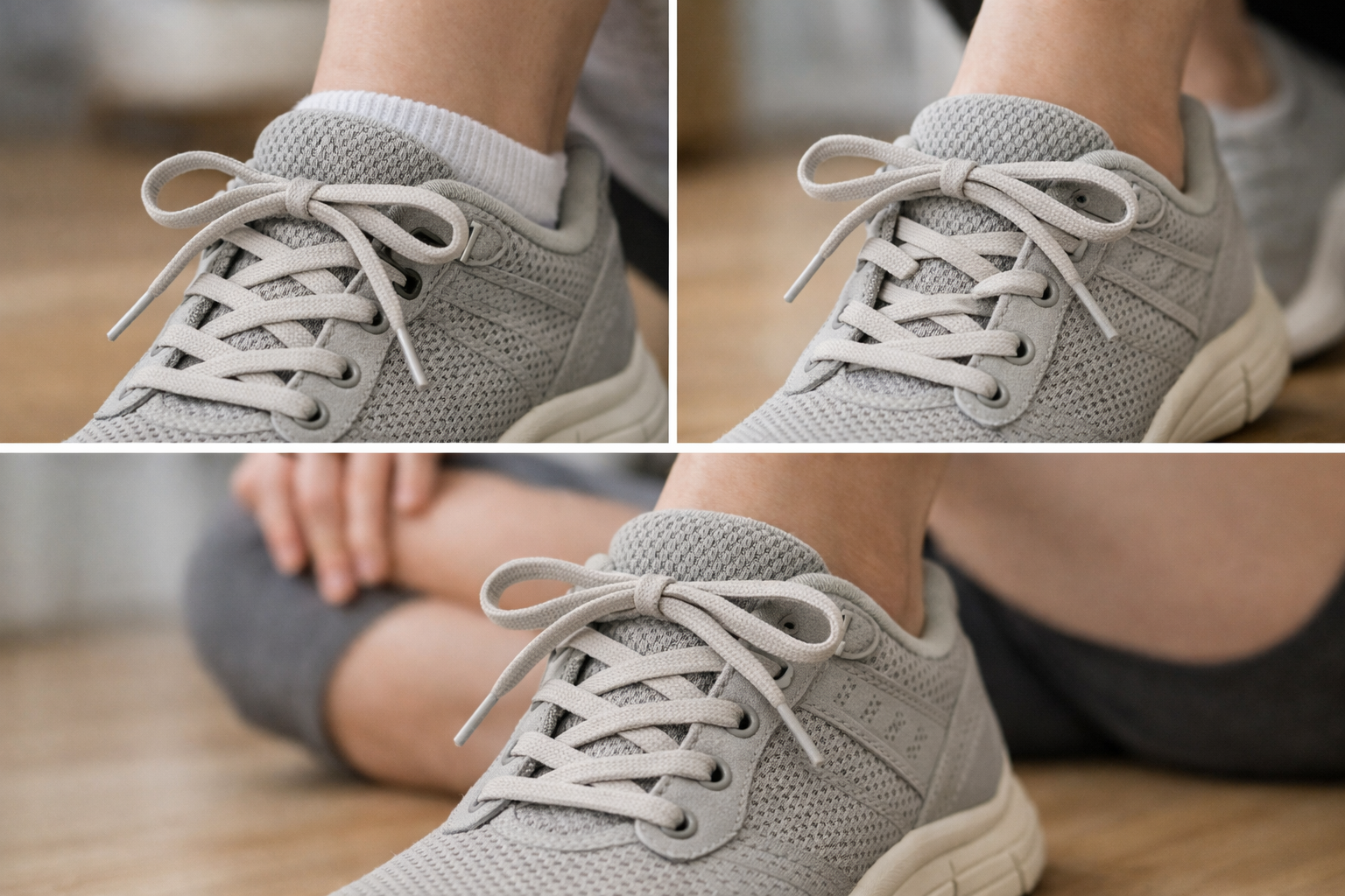 Detail view of different lacing patterns and techniques on an athletic shoe