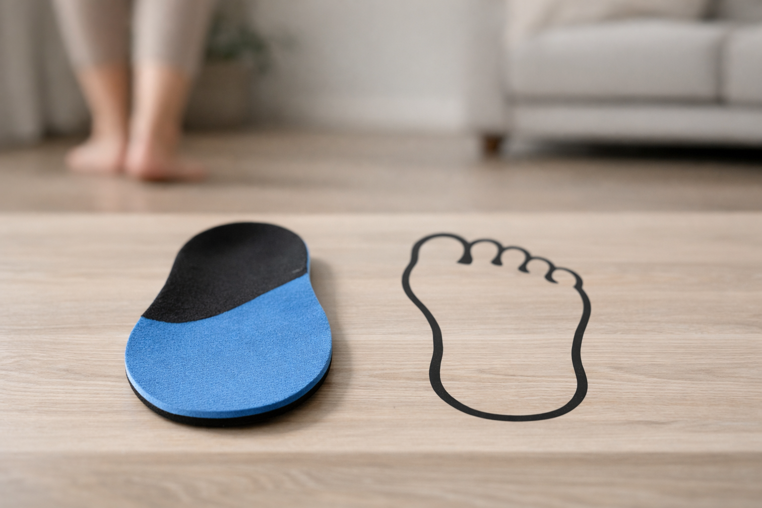 Demonstration of checking shoe fit by standing on the insole to verify proper width and length