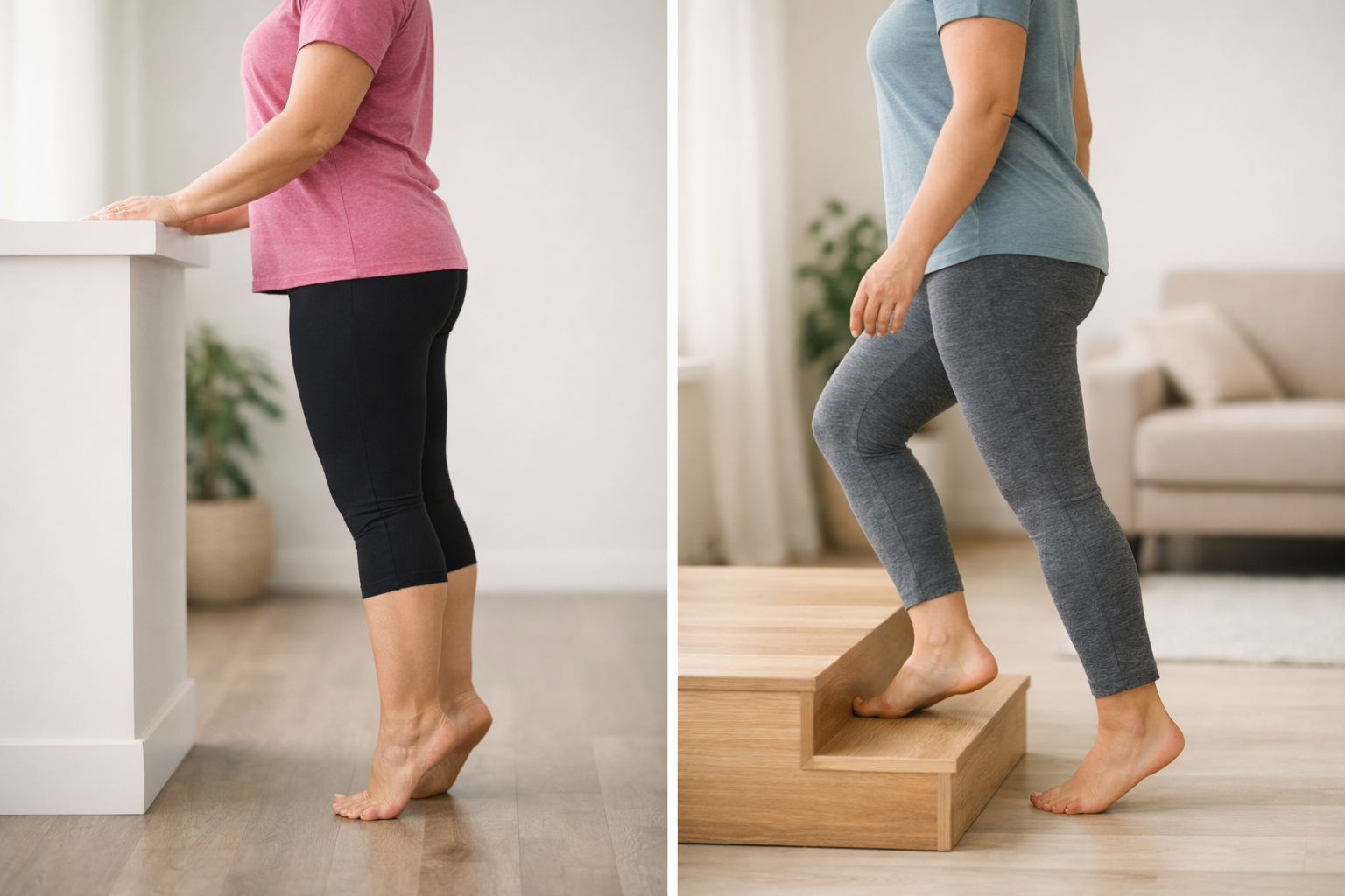 Person performing calf raises and walking exercises for heel pain rehabilitation