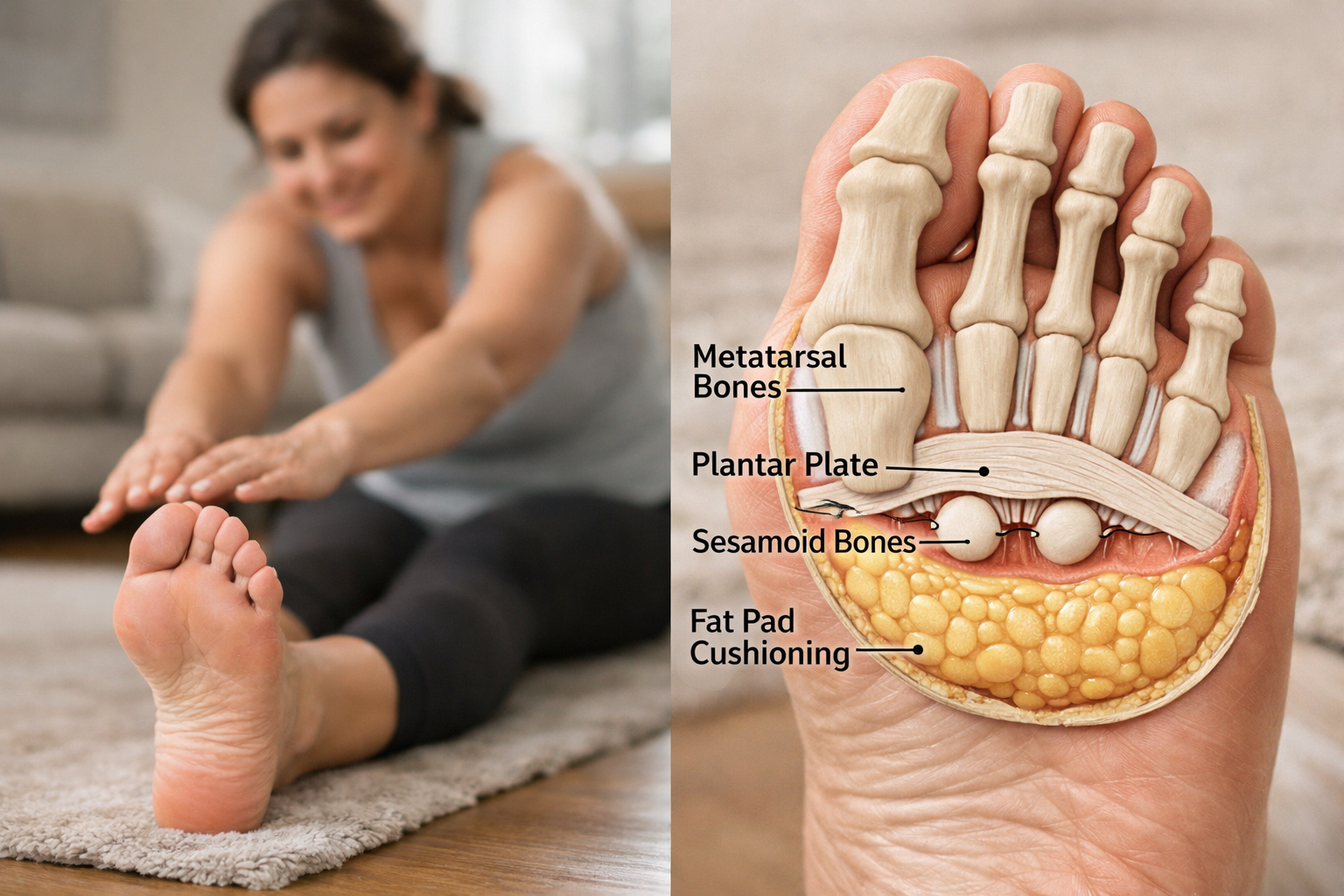Anatomy of the ball of the foot showing metatarsal heads, plantar plate, and cushioning structures