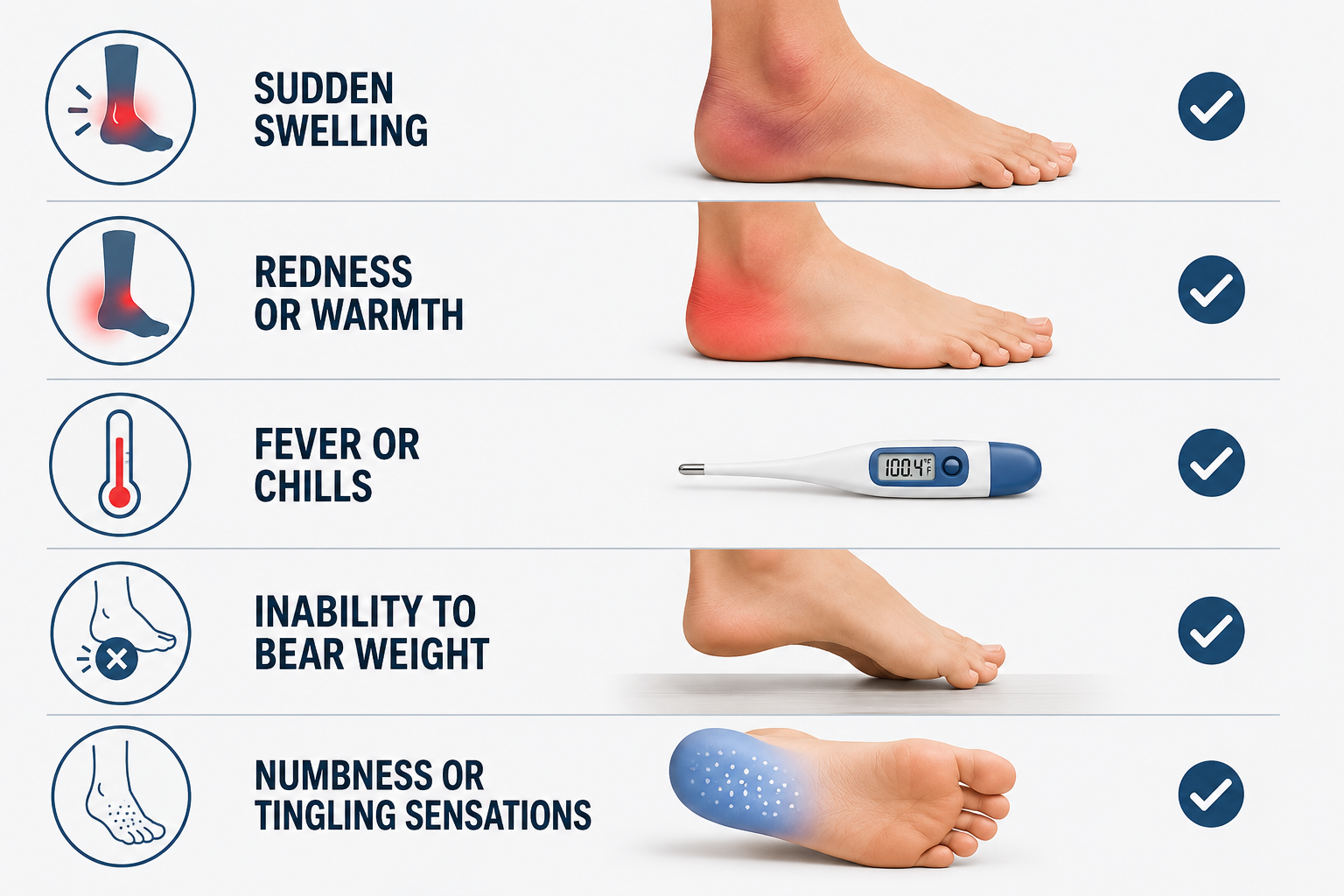 Visual checklist of heel pain red flags including swelling, redness, fever, and numbness symptoms