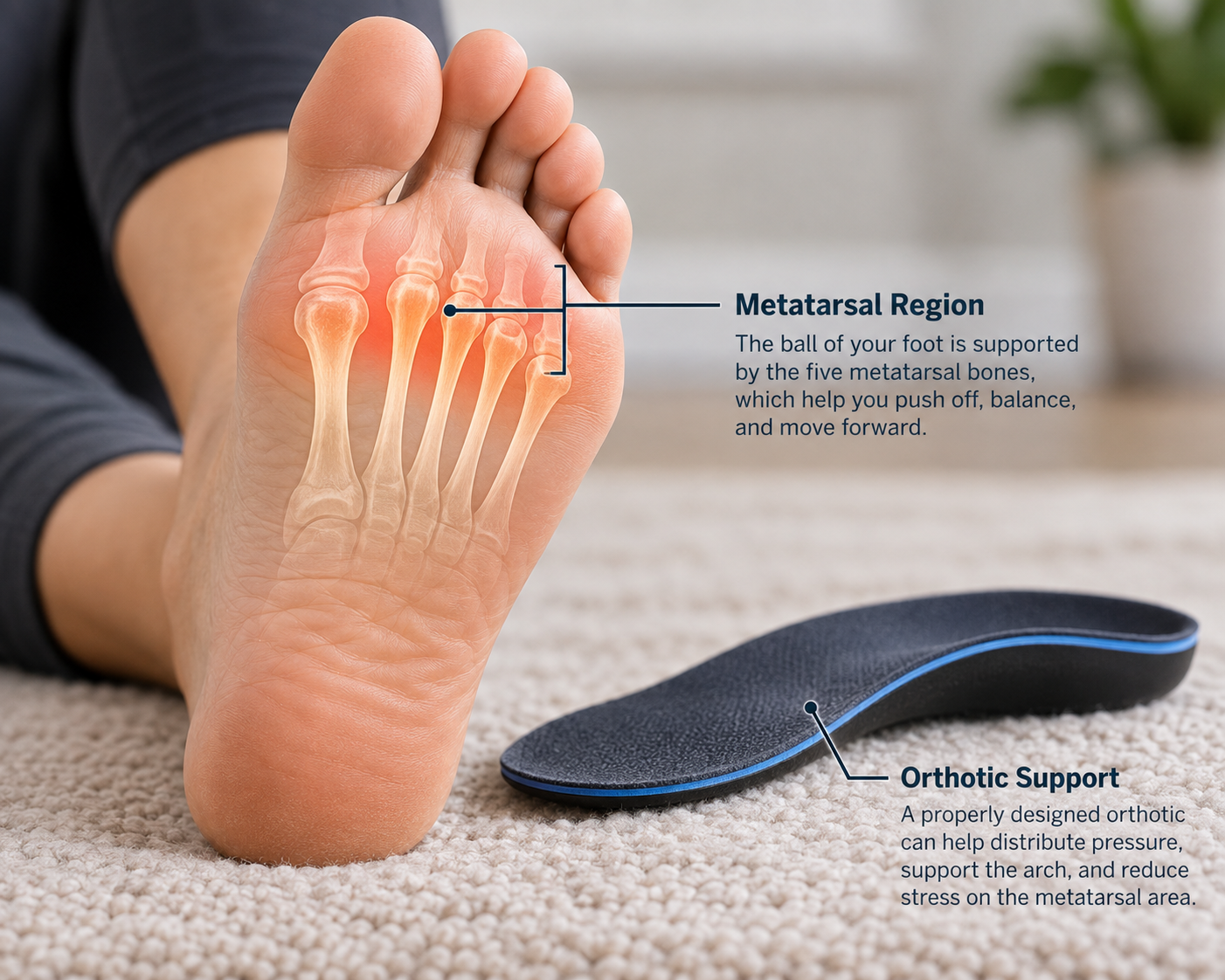 Close-up view of the ball of a foot and metatarsal area with an orthotic insert nearby