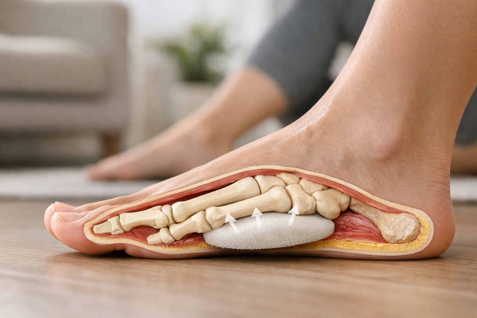 Anatomical diagram showing correct metatarsal pad placement behind the metatarsal heads