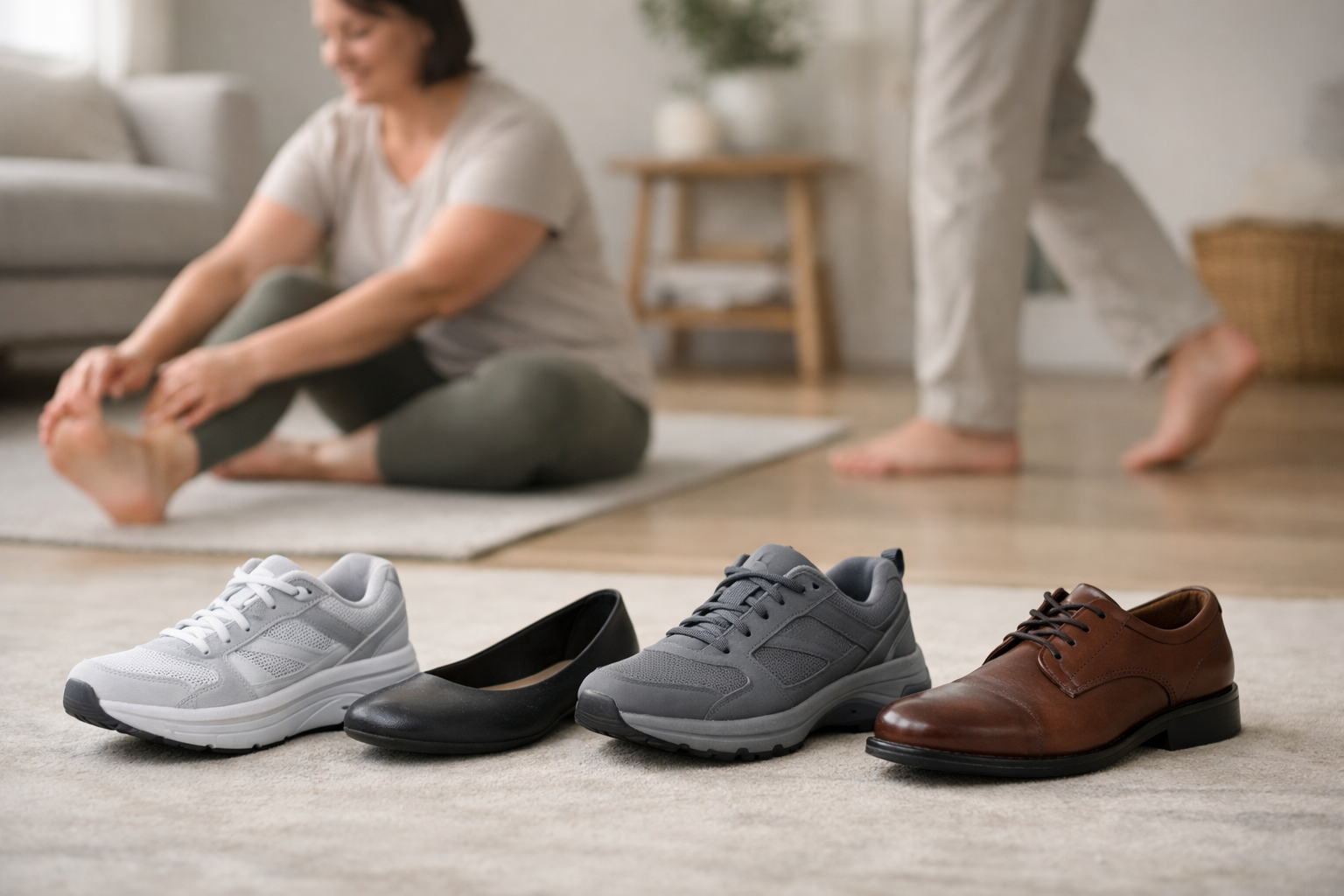 Collection of different shoe types showing various sole structures and toe box widths for metatarsalgia support