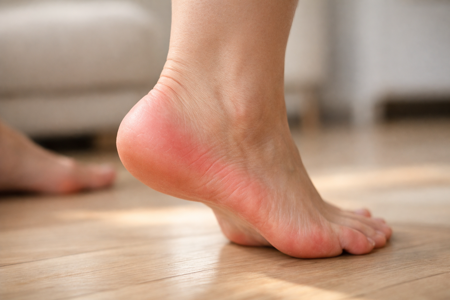 Close-up view of a foot showing heel and arch area with subtle signs of plantar fasciitis discomfort