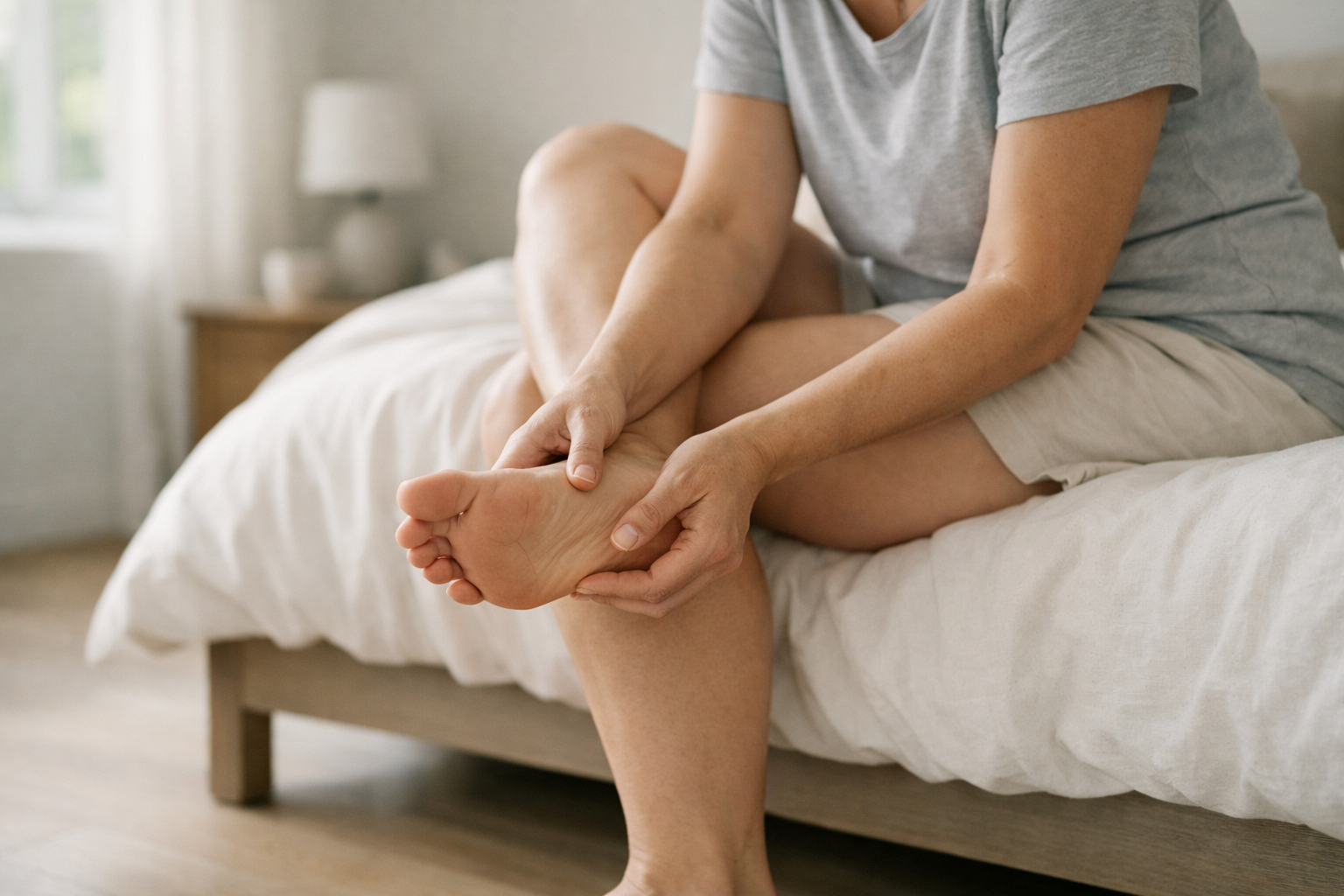 Person examining their heel in the morning, illustrating early-morning heel pain