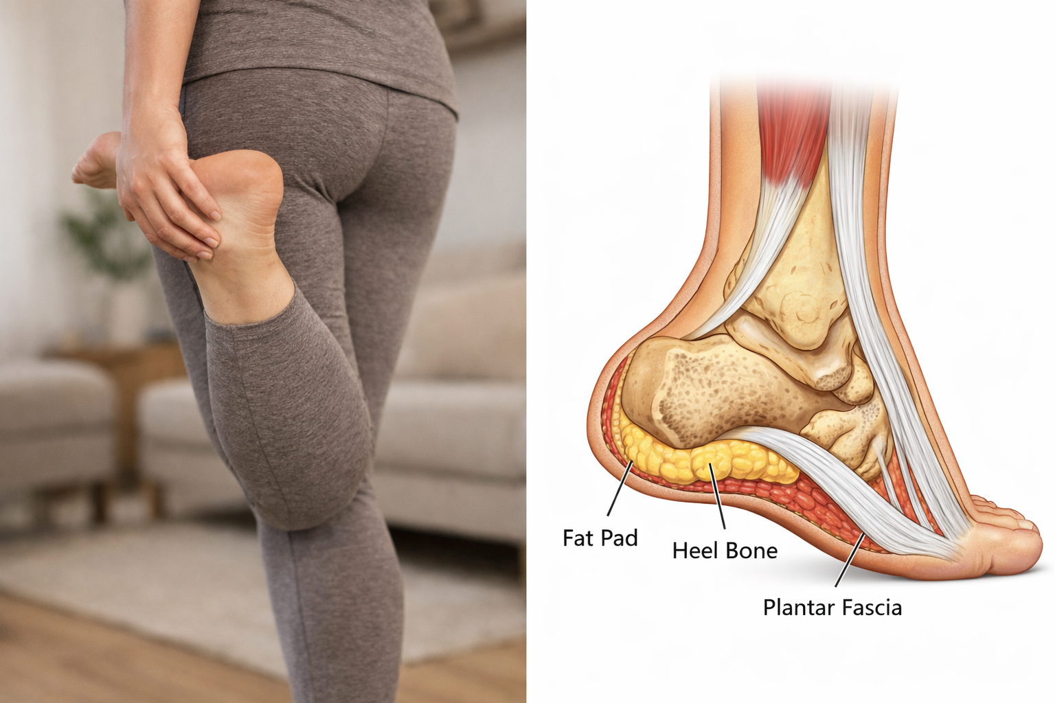 Anatomical illustration of heel structures including plantar fascia, heel bone, and Achilles tendon