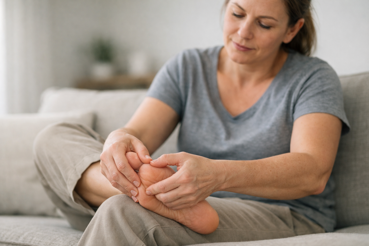 Person performing self-massage on their foot arch using thumb strokes at home