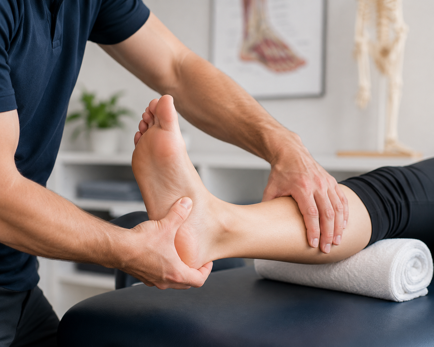 Professional massage therapist examining and treating a patient's foot and calf during a clinical session