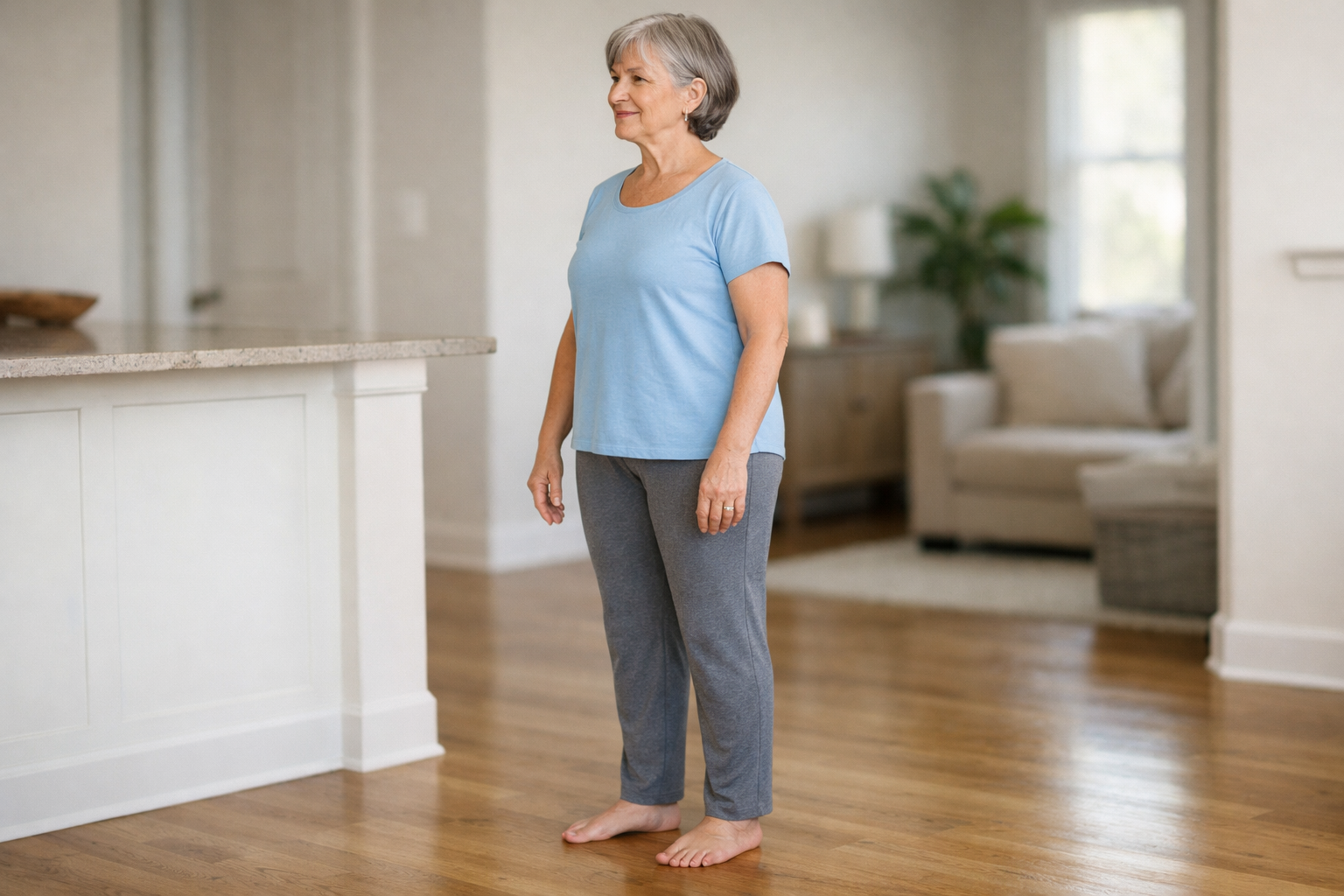Older adult demonstrating proper standing balance posture in a safe home setting