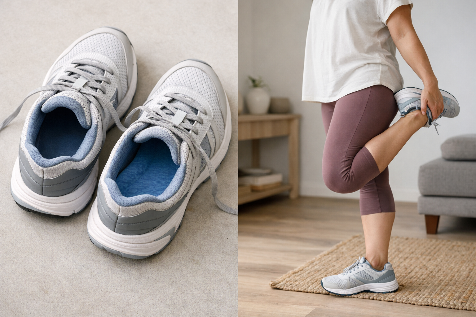 Two supportive shoes with firm heel counters and cushioning to reduce plantar fascia strain