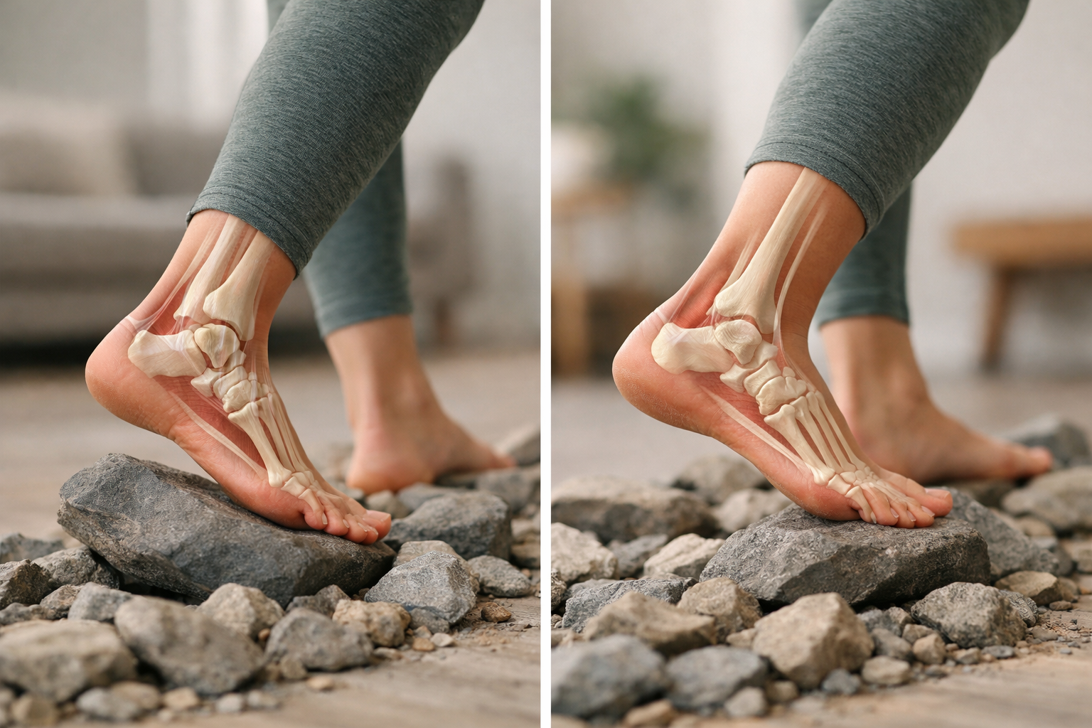 Person walking on an uneven trail demonstrating increased demands on ankle stabilizers