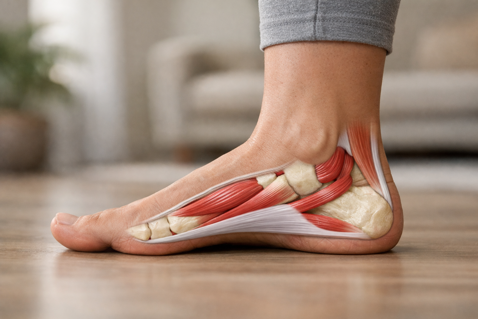 Anatomical diagram of foot arch structures and plantar fascia