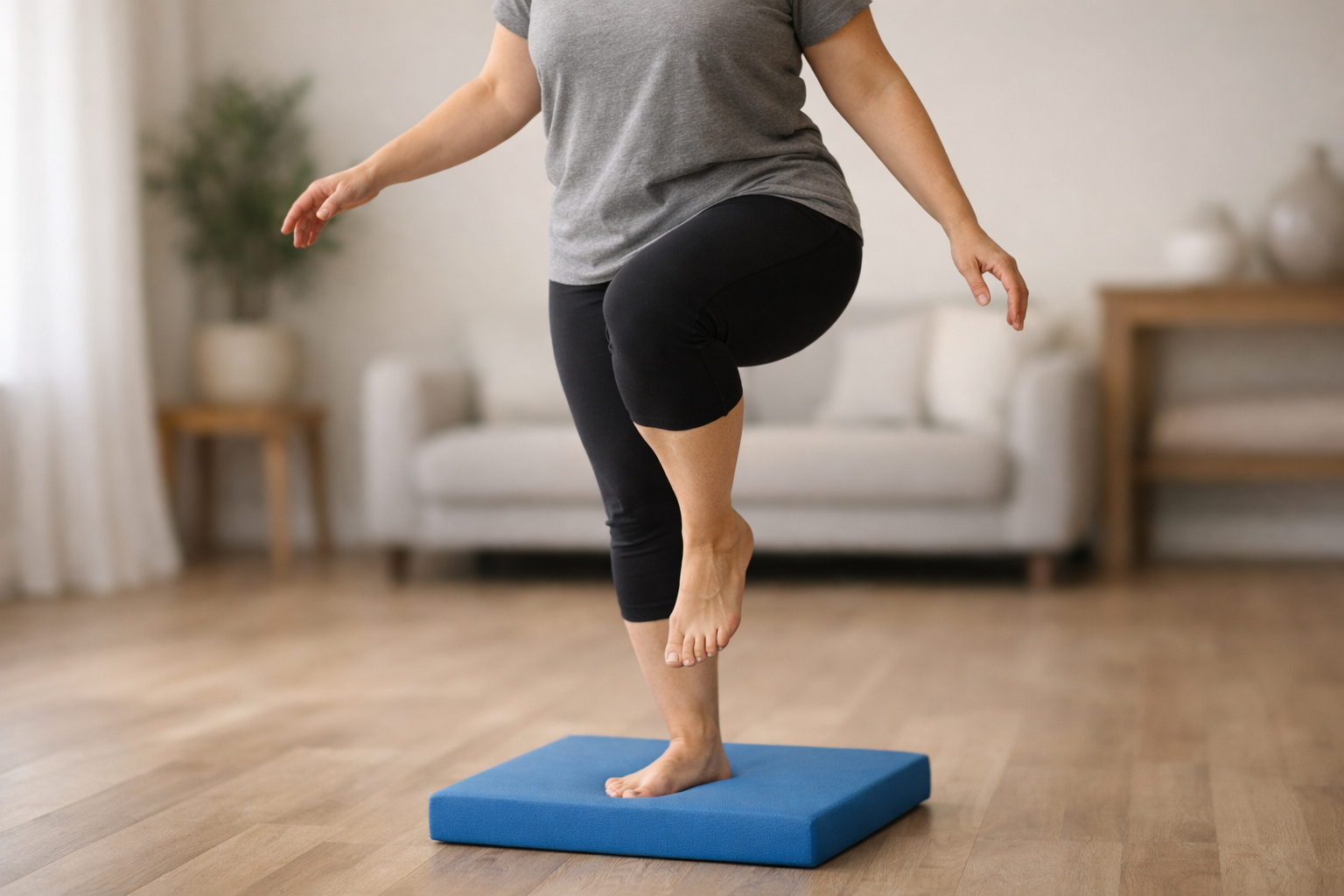 Single-leg balance exercise on a foam pad demonstrating dynamic loading progression