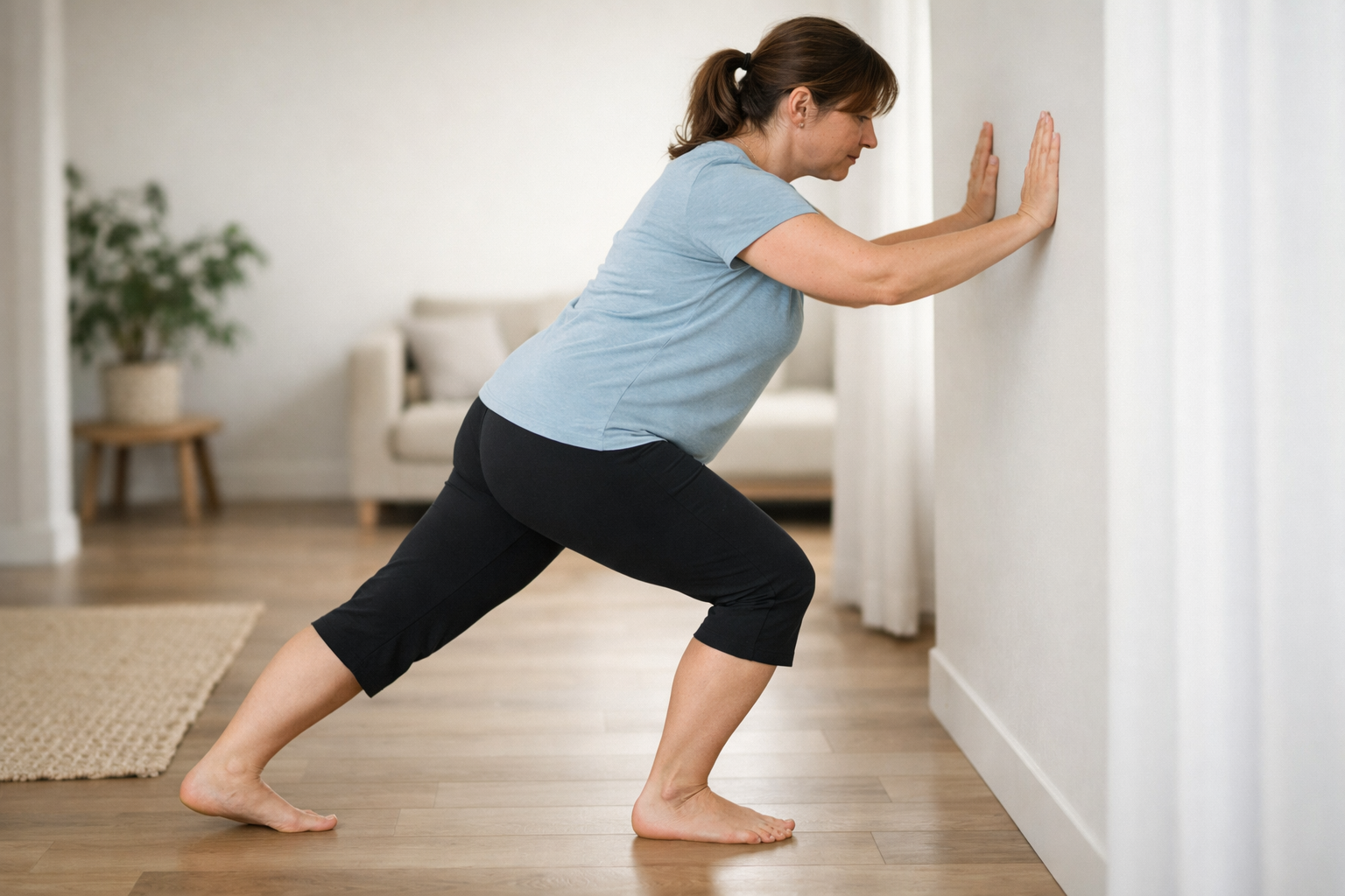 Person performing a wall calf stretch with proper form, heel pressed down and knee straight