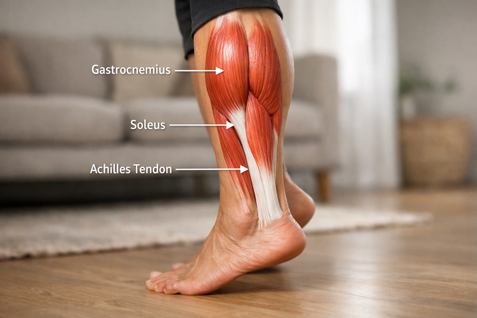 Anatomical diagram of calf muscles showing gastrocnemius, soleus, and Achilles tendon relationships