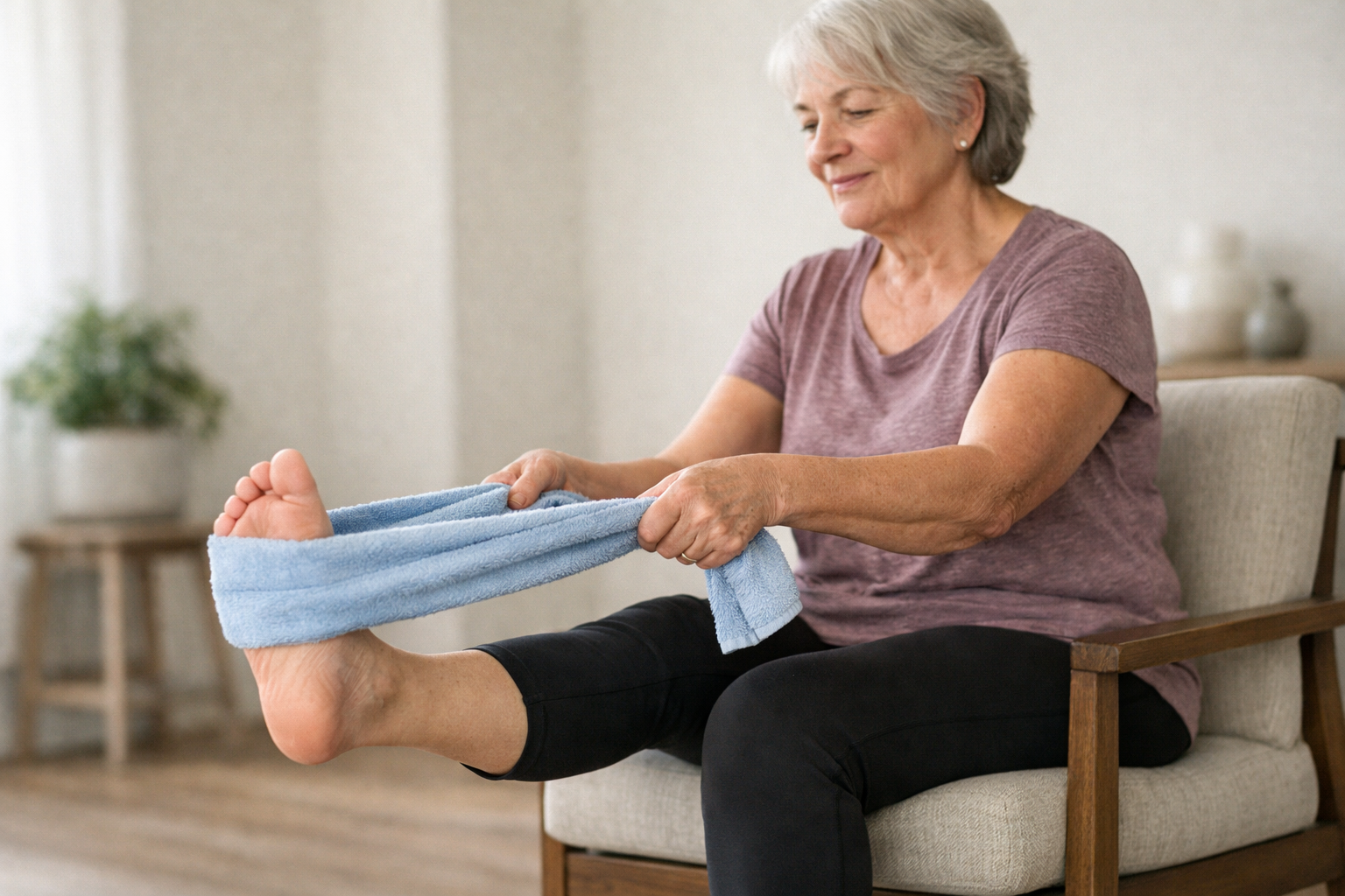 Senior adult doing a safe seated towel calf stretch with support from a chair and band around the foot