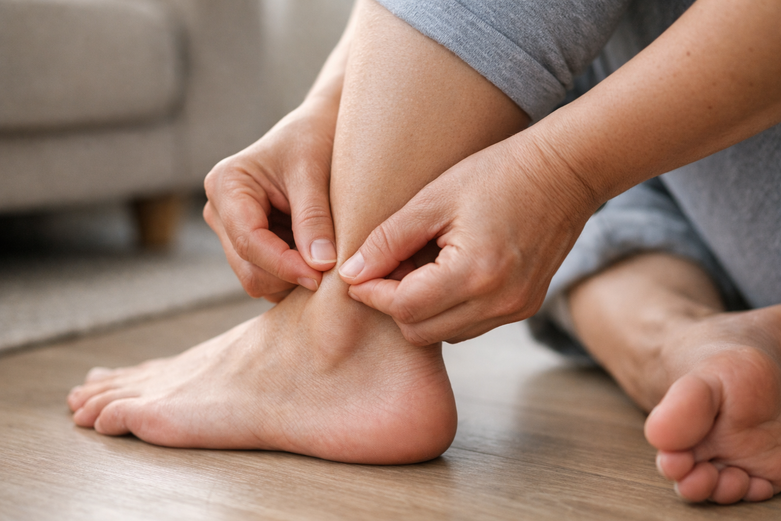 Self-check technique pinching the soft area in front of the Achilles tendon above the heel bone