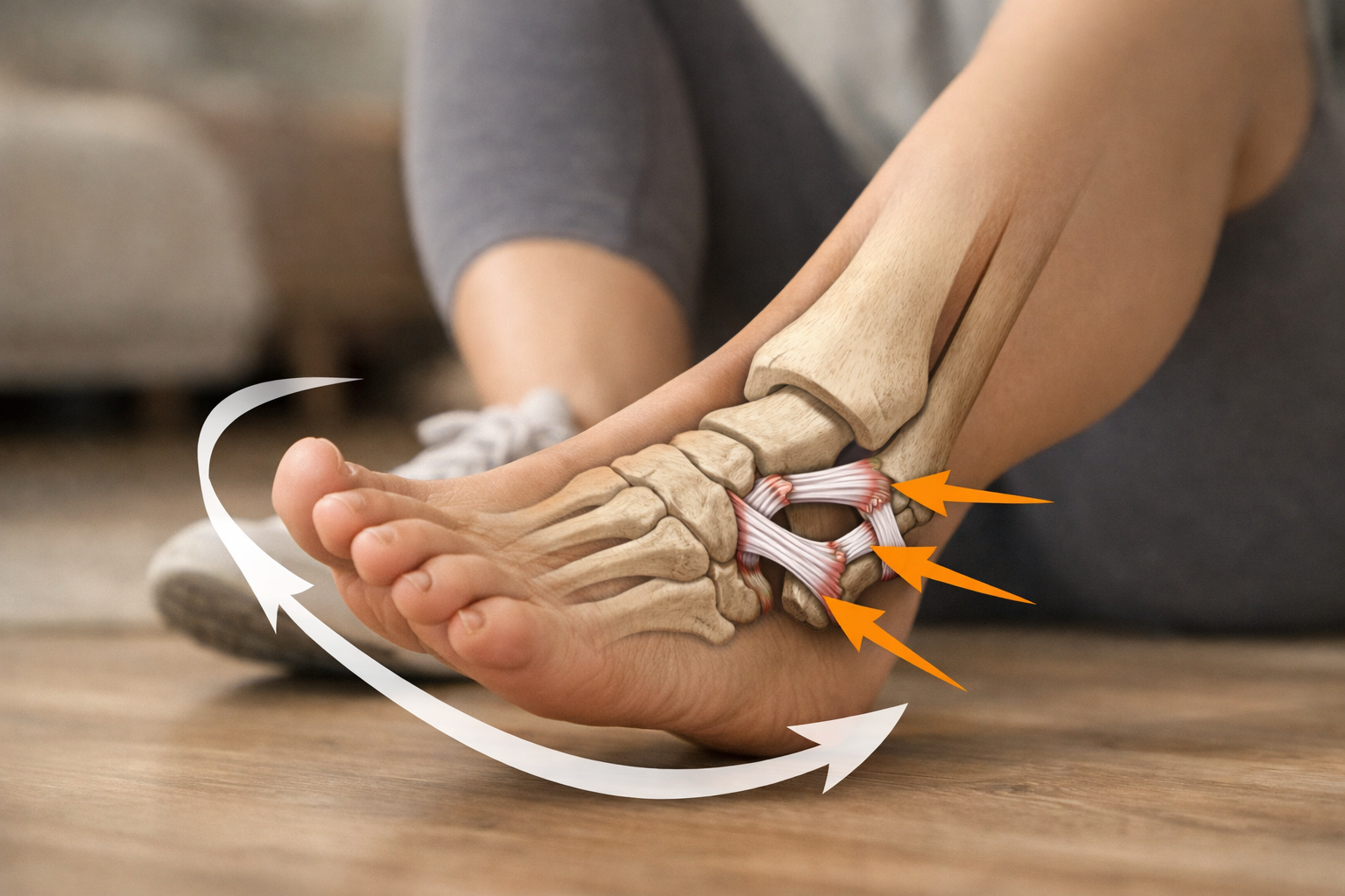 Diagram of ankle joint showing inversion motion and ligament stretch mechanism during a sprain