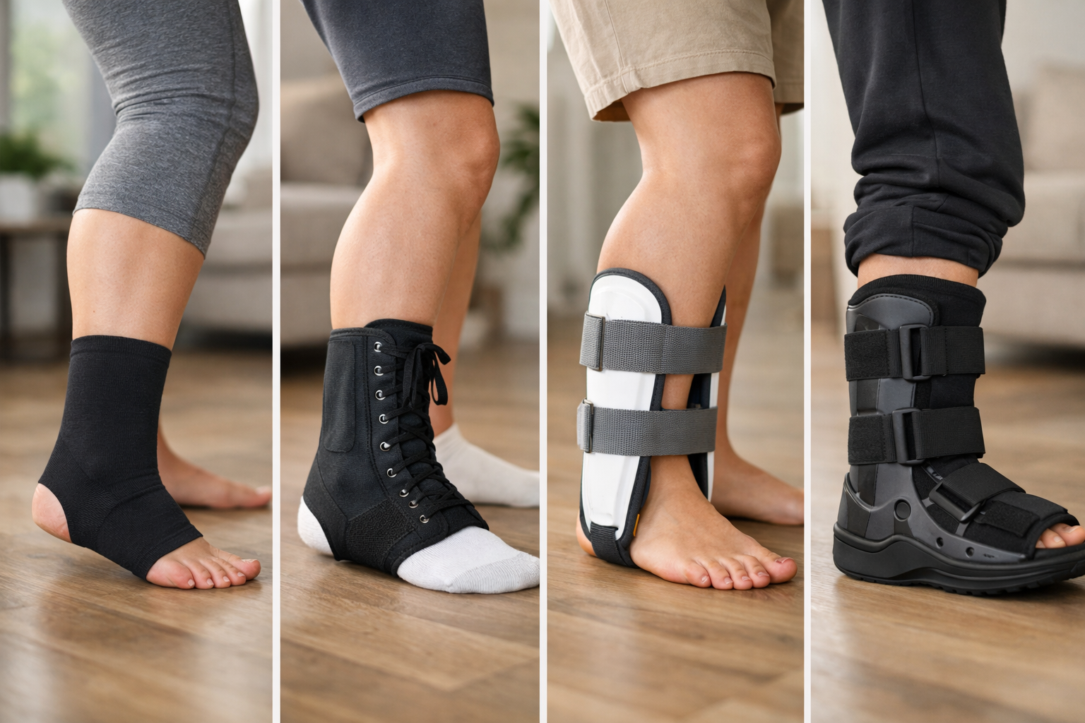 Comparison of four types of ankle braces and supports showing the spectrum from compression sleeve to walking boot