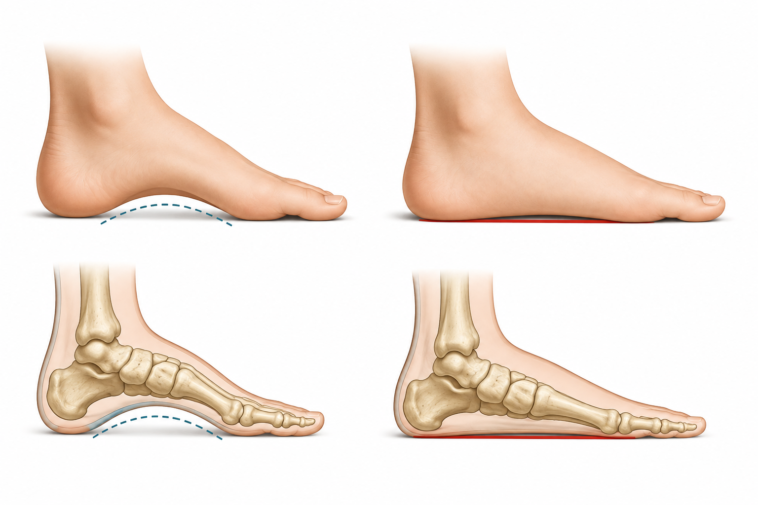Side view comparison of a normal arch and a fallen or flat arch