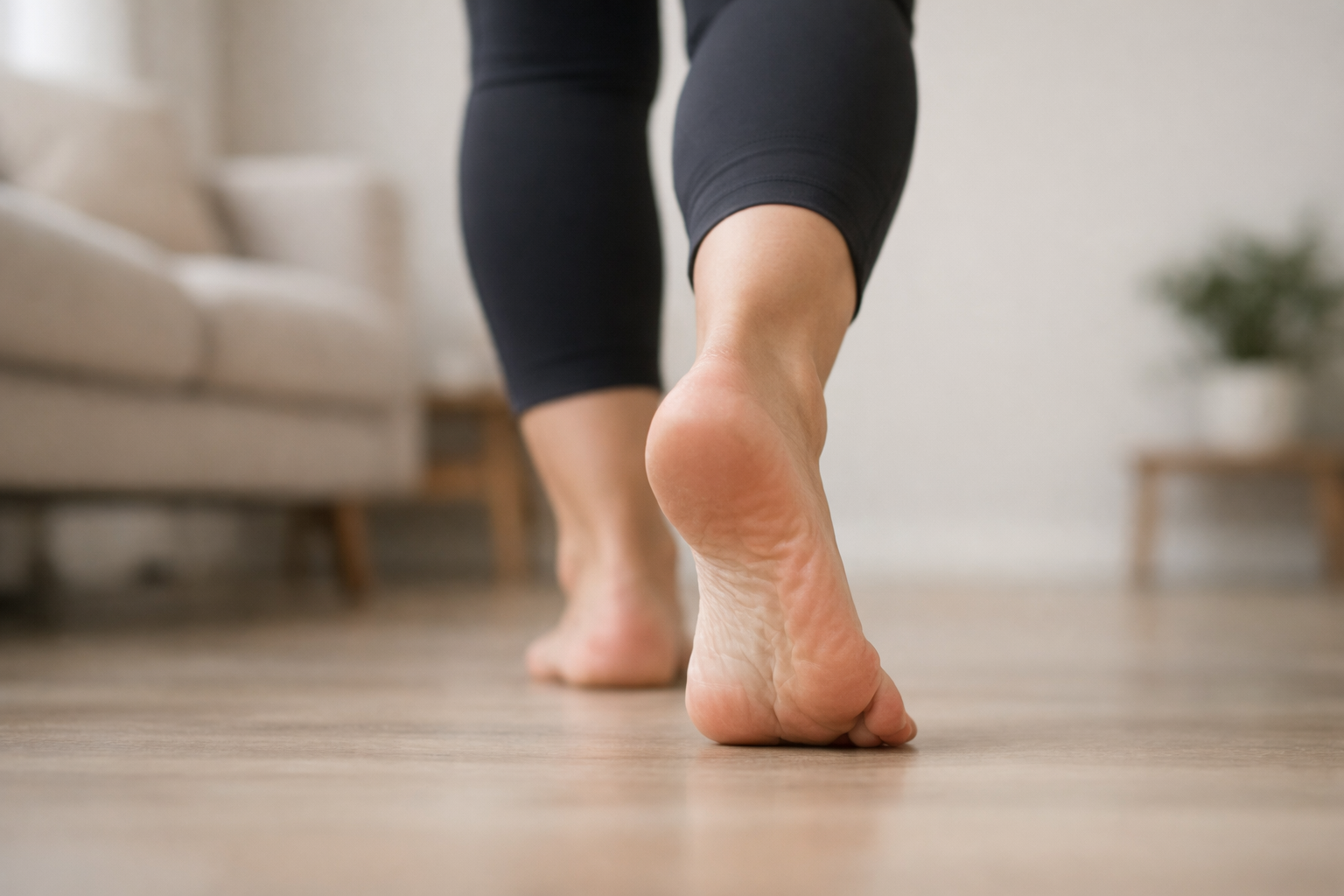 Person walking on a safe surface as part of progressive load management for arch recovery