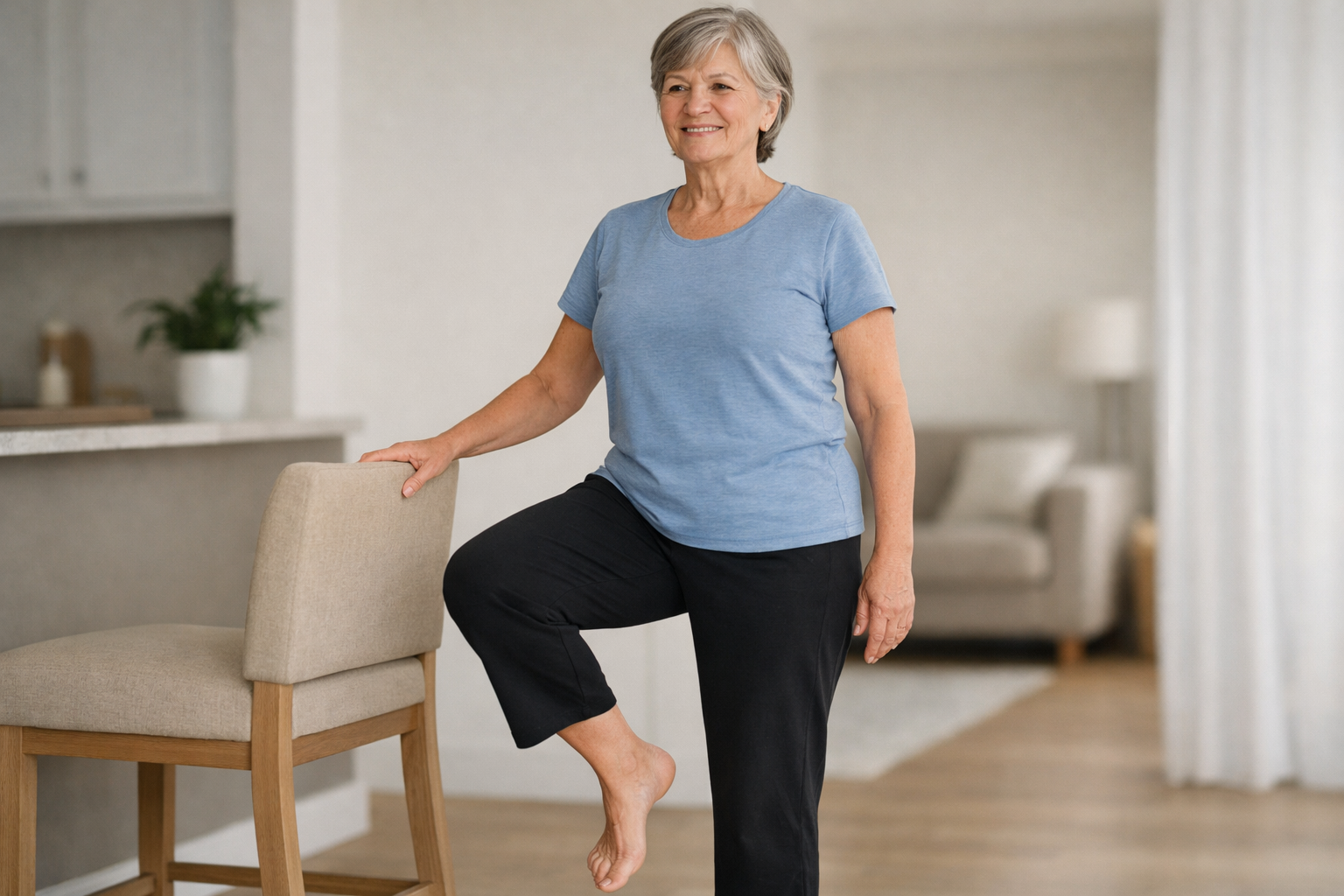 Older adult demonstrating safe balance exercise position near a sturdy support