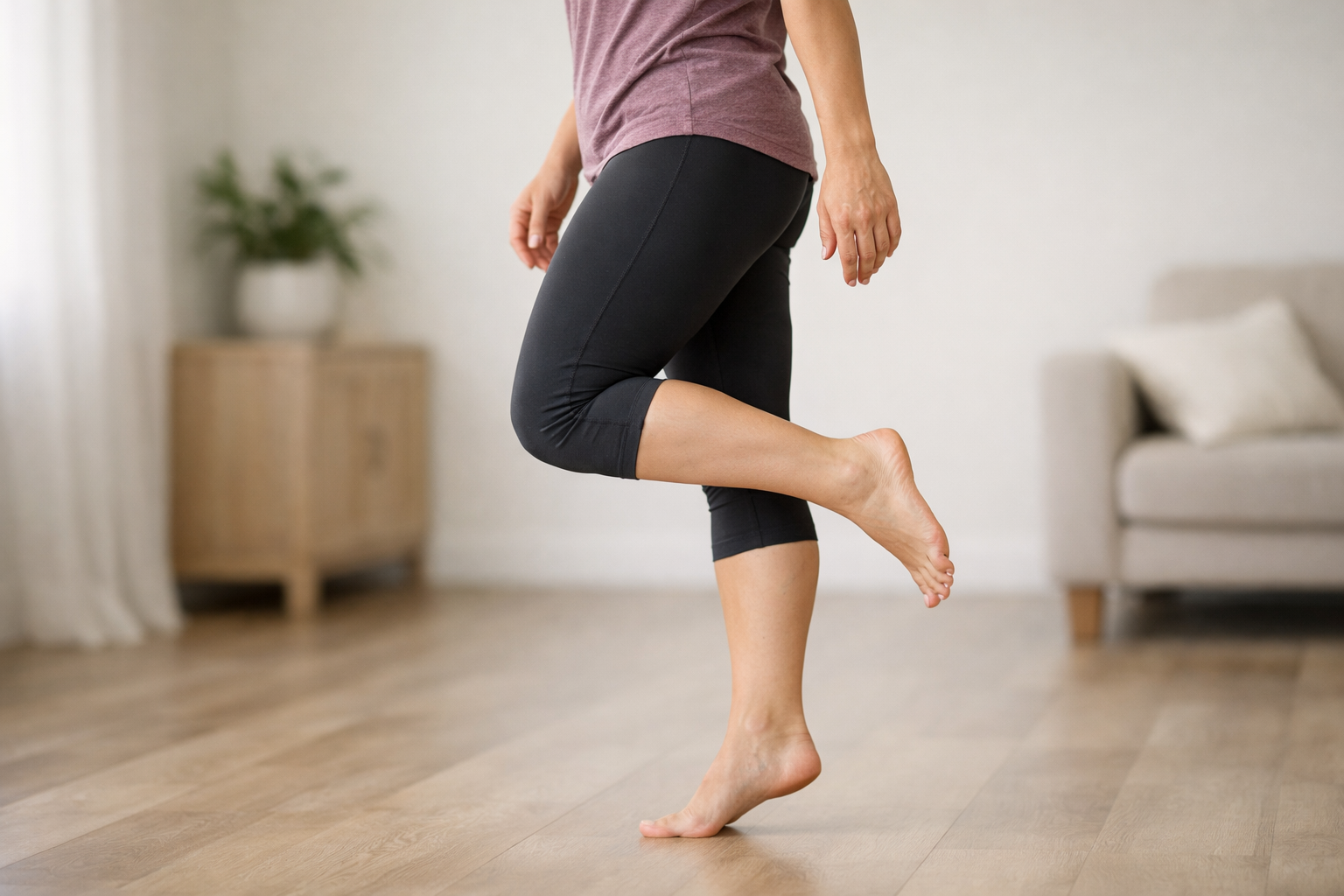 Person demonstrating a single-leg heel raise, a key test and strengthening exercise for posterior tibial function