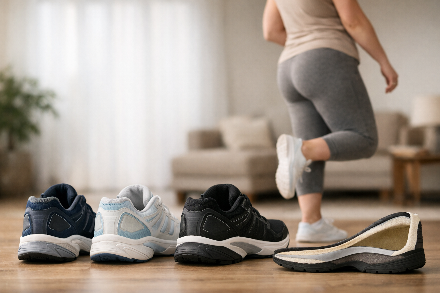 Cross-section and side views of supportive shoes with firm heel counters and arch support for PTTD management