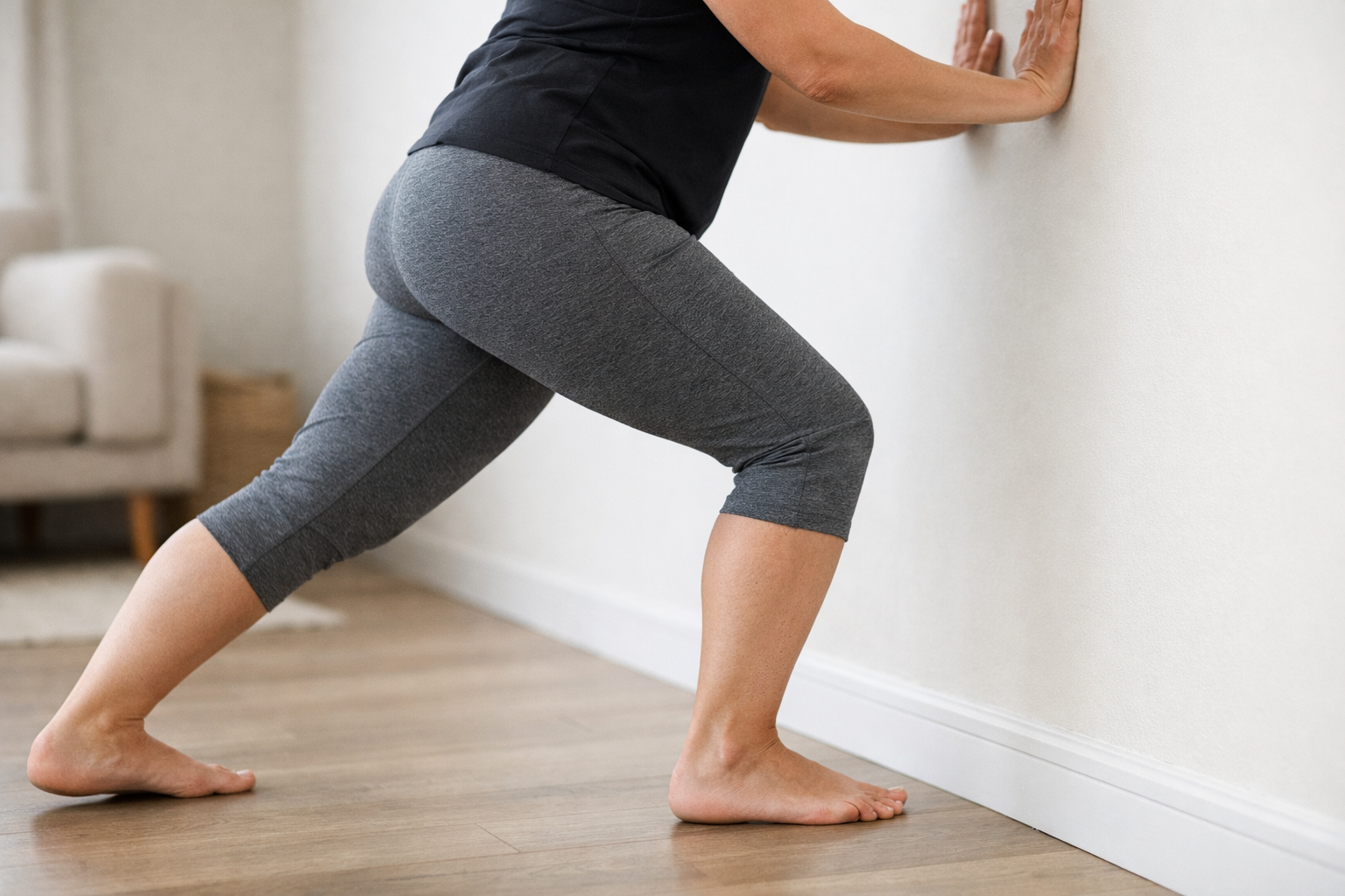 Person stretching calf against a wall in proper form