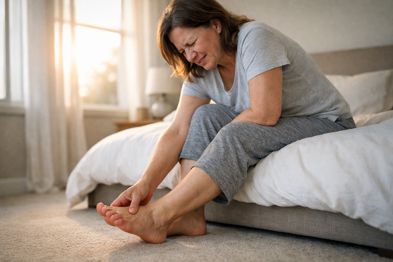 Person experiencing heel pain when getting out of bed in the morning
