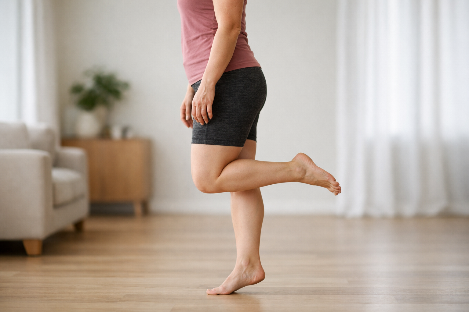Person doing a single-leg calf raise exercise to strengthen ankle and prevent rolling