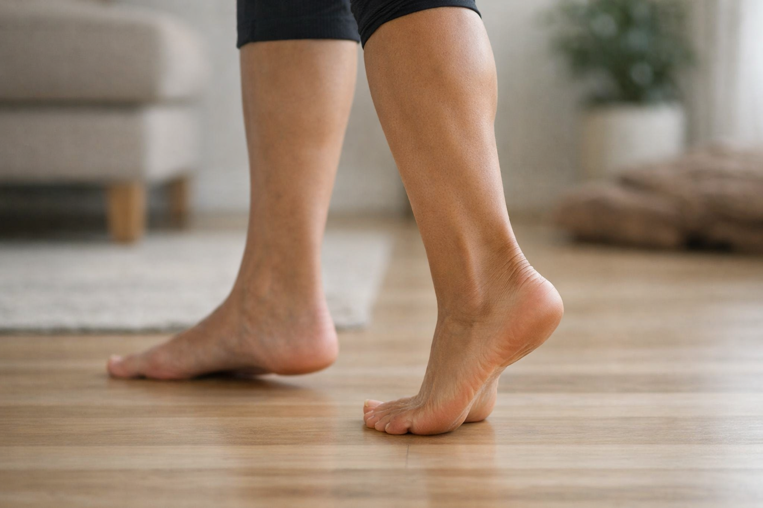 Person performing single-leg heel raise strengthening exercise for posterior tibial tendon