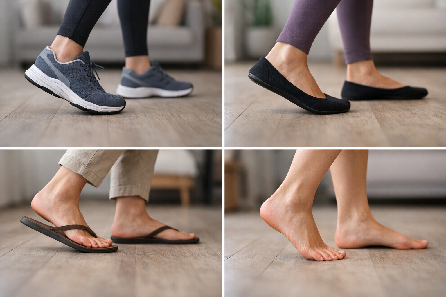 Comparison of different shoe types showing support structure and heel counter design