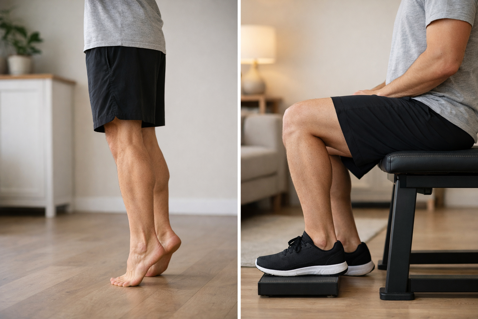 Diagram comparing straight-knee and bent-knee calf raise positions to target different muscle groups.