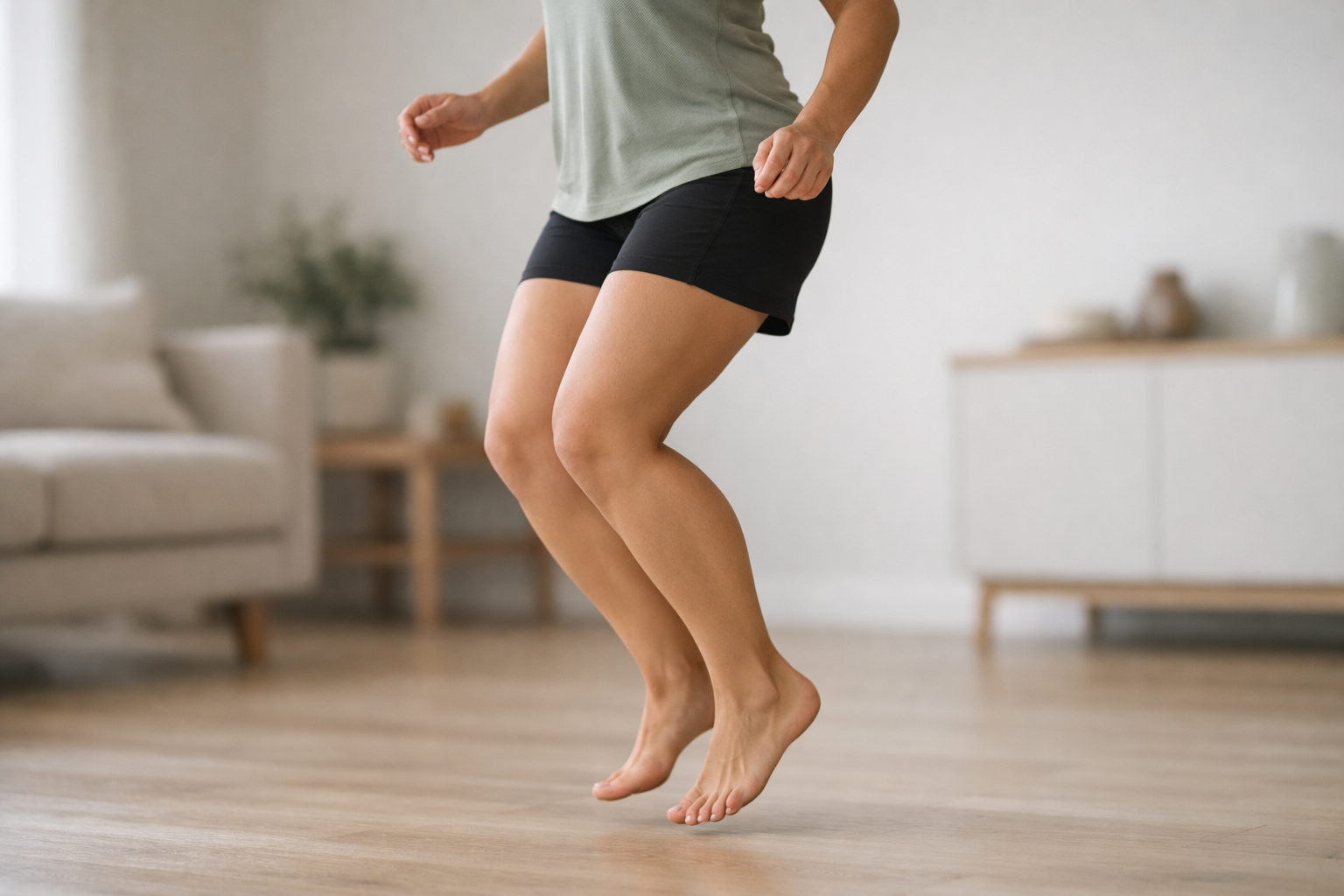 Person performing low-impact pogo hops to teach the Achilles tendon elastic recoil.