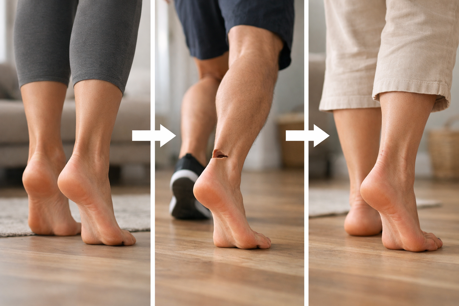Three-stage illustration of Achilles tendon rupture and healing progression