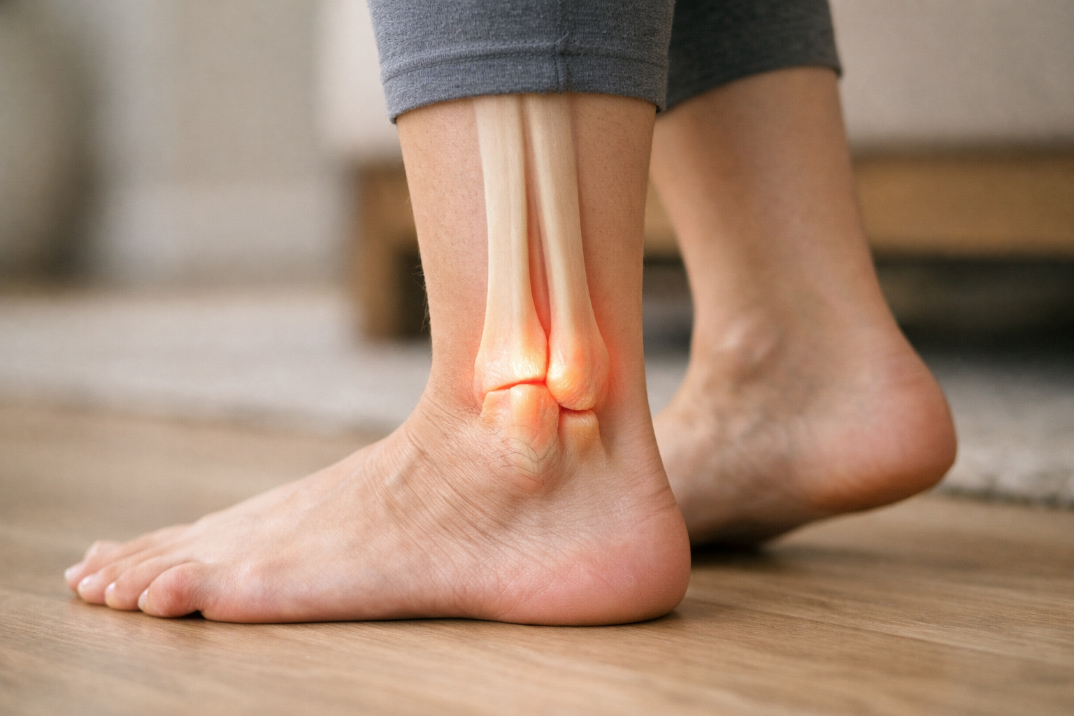 Anatomical illustration showing the syndesmosis region where tibia and fibula connect above the ankle joint