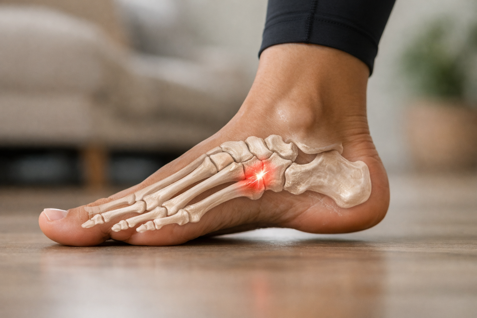 Illustration of foot anatomy showing the location of common stress fractures in the midfoot region